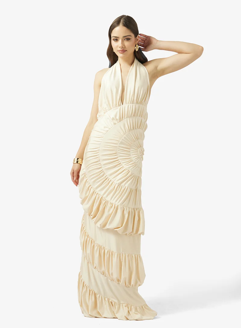 Ginger Boutique Halter Neck Ruched Frill Detail Evening Dress